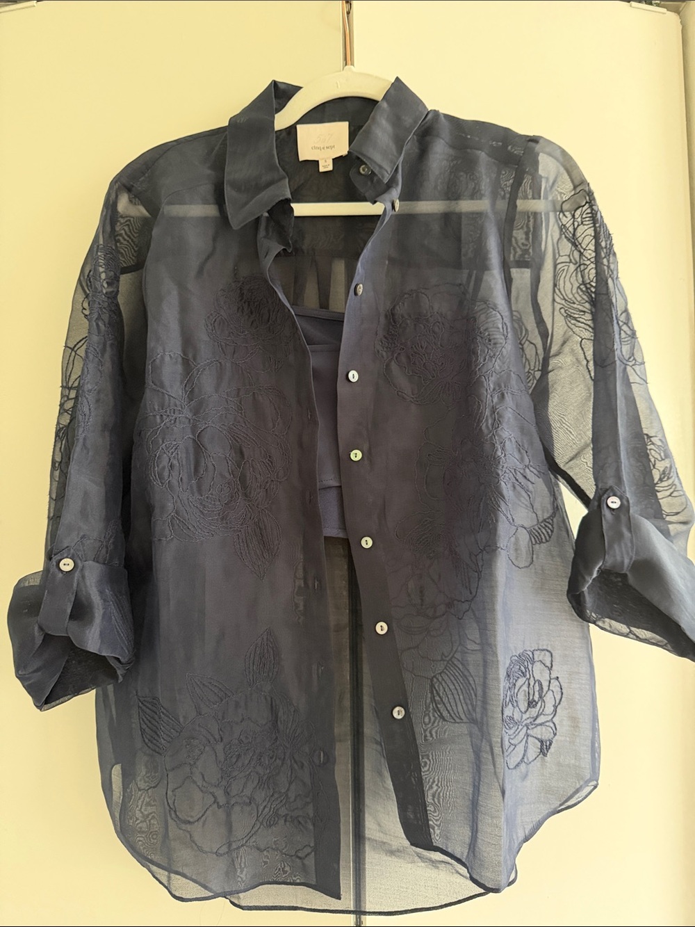 cinq a sept Navy Sheer Embroidered Button-Down Shirt